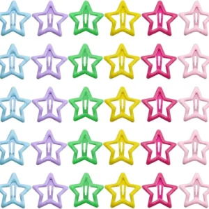 This set features 30 colorful star hair pins and small metal claw clips perfect for girls' school hairstyles and as fun hair accessories.
