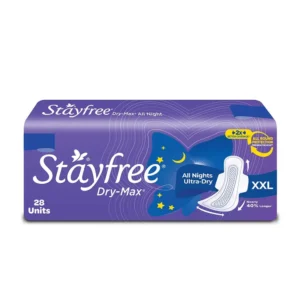 Close-up of a pack of Stayfree Dry Max All Night XL sanitary pads with wings, offering overnight protection and a dry cover for women.
