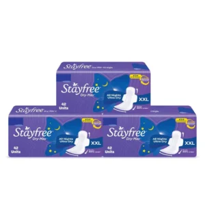 Stayfree All Night XL sanitary pads for women, a combo pack with 3 packages of 42 pads each, totaling 126 pads for long-lasting protection.