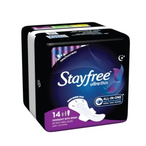Close-up of Stayfree Ultra Thin Overnight Pads with Wings, a 28-count pack for comfortable nighttime protection.