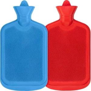 Two colorful SteadMax hot water bottles provide soothing heat for pain relief from sore muscles, back pain, headaches, cramps, and injuries.