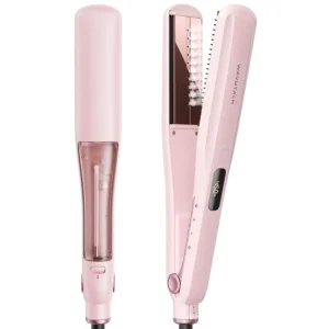 Pink Wavytalk steam hair straightener with nano titanium plates and detachable comb designed to straighten, curl, and nourish hair with less damage.
