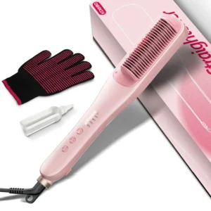 This steam hair straightening brush heats up quickly and features anti-scald technology, four temperature settings, and nano-mist nozzles to hydrate hair, reduce frizz, and enhance shine.