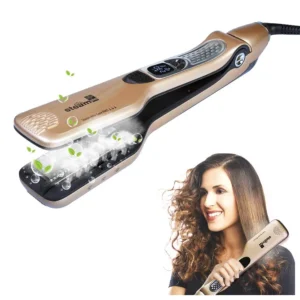This professional steam hair straightener features a flat iron with ceramic tourmaline, anti-scald comb, adjustable temperature, auto-off function, and a removable water tank for hydrated, healthy, and silky hair.