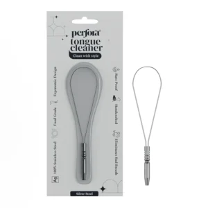 Perfora stainless steel tongue scraper effectively removes bacteria and plaque for fresher breath and improved sense of taste.