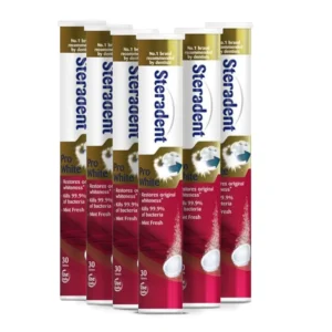 Six packs of Steradent Pro White denture cleanser tablets for adults, with 30 tablets in each pack for cleaning dentures.