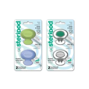Steripod toothbrush protectors clip onto manual and electric toothbrush heads to keep bristles clean, fresh and protected from cross-contamination.