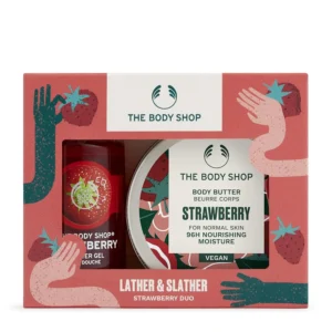 The Body Shop Strawberry Lather & Slather Duo gift set includes strawberry scented shower gel and body butter, made with Community Fair Trade partners and packaged in recyclable FSC certified materials.