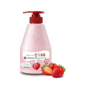 A bottle of KWAILNARA Strawberry Milk Body Cleanser by WELCOS, a creamy and fragrant cleanser for soft and moisturized skin.