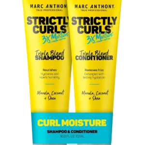 Marc Anthony Strictly Curls shampoo and conditioner set provides deep moisture, defines curls and fights frizz with shea butter, marula oil, and coconut oil.
