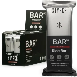 Styrkr BAR50 dark chocolate chip energy bar is a vegan and gluten-free snack for cycling, running and hiking, with 50g of carbs for maximum energy.