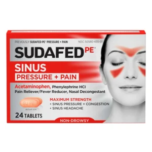 Box of Sudafed PE Sinus Pressure + Pain Relief Maximum Strength non-drowsy decongestant caplets for relief of sinus congestion, pain, and headaches.