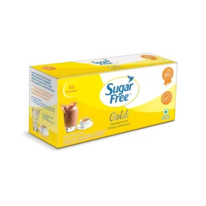 Sugar Free Gold sachets, a low-calorie aspartame sweetener, offering the taste of sugar without the calories, perfect for everyday beverages and a fitness-friendly lifestyle.
