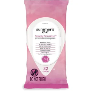 Summer's Eve Simply Sensitive feminine wipes are pH balanced and dermatologist-tested to gently remove odor-causing bacteria without irritation, perfect for discreet, on-the-go freshness.