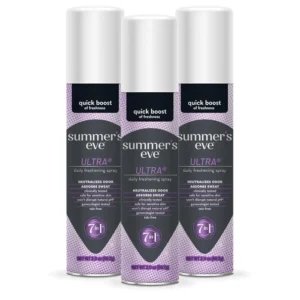Three cans of Summer's Eve Ultra Daily Active Feminine Spray, designed for active lifestyles, neutralize odor and absorb sweat for extra freshness.