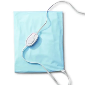 A light blue Sunbeam electric heating pad featuring ultra heat technology for soothing warmth.