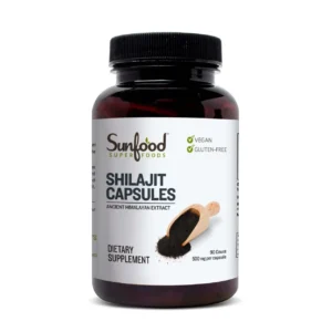 Bottle of Sunfood Superfoods Raw Shilajit capsules, a potent nutritional supplement sourced from the Himalayan Mountains.