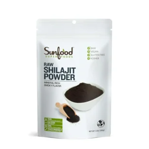 This is a jar of Sunfood Superfoods RAW Shilajit Powder, a mineral supplement.