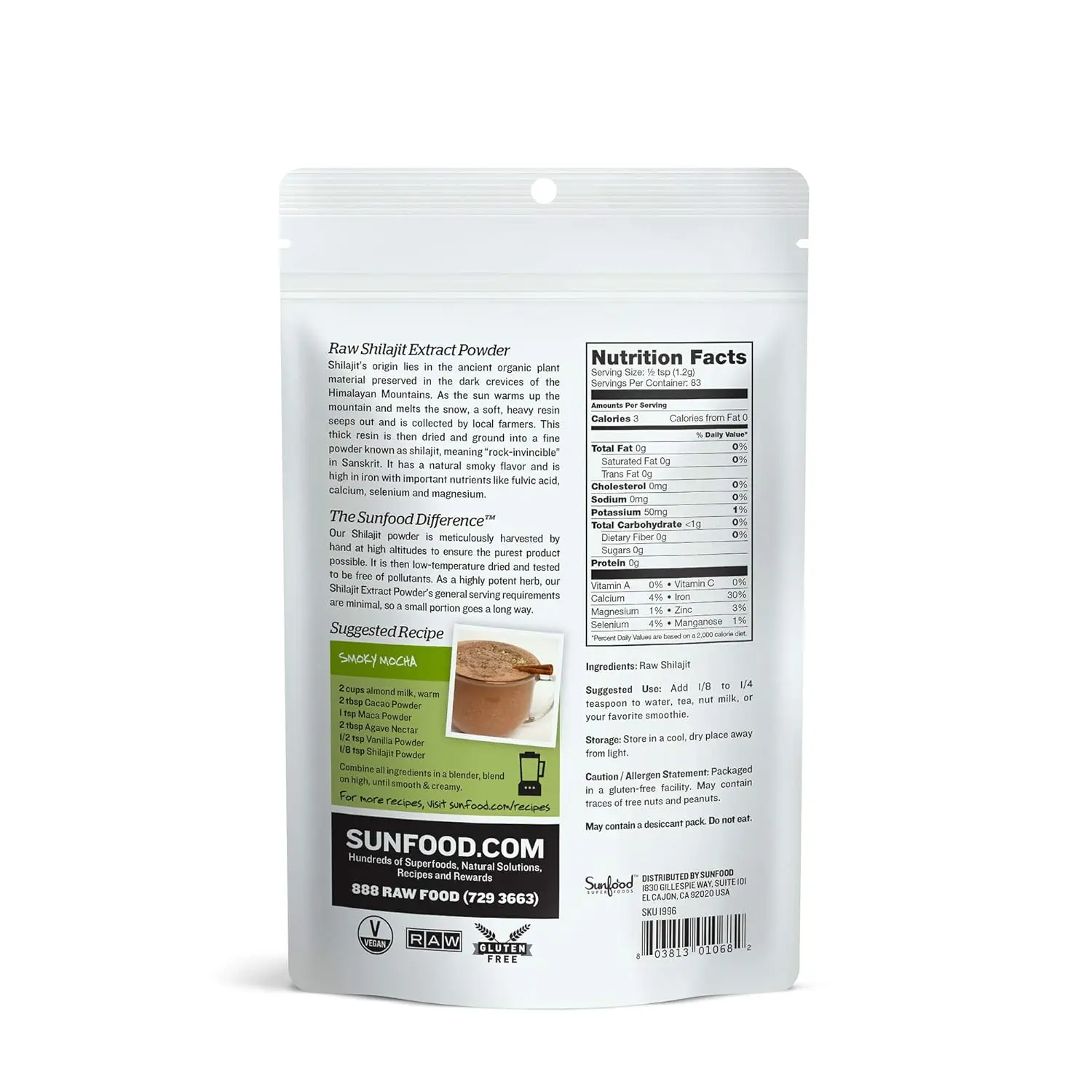 This is a jar of Sunfood Superfoods RAW Shilajit Powder, a mineral supplement.