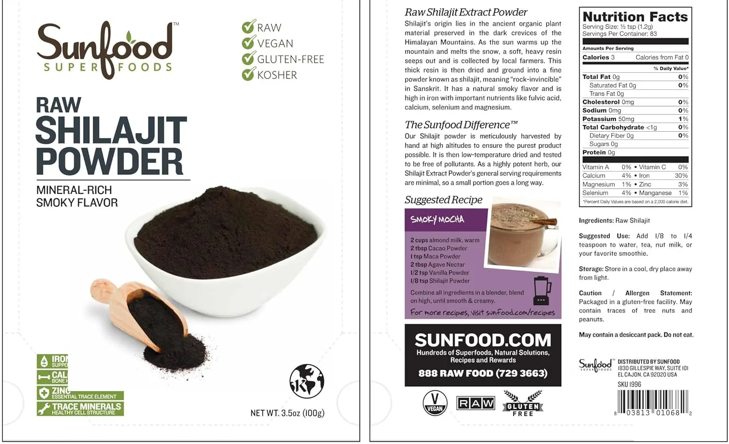 This is a jar of Sunfood Superfoods RAW Shilajit Powder, a mineral supplement.