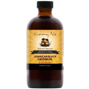 Sunny Isle Jamaican Black Castor Oil in amber bottle for healthy hair growth, scalp treatment, and skin moisturizing.