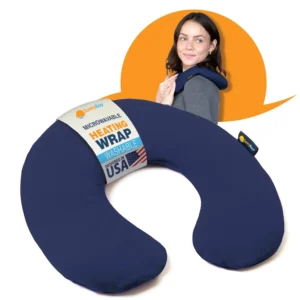 This SunnyBay microwavable neck and shoulder heating pad provides therapeutic moist heat and cold therapy with its ergonomic C-shape, flax seed filling, and washable cotton cover.