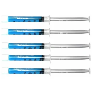 Five syringes of Sunshine remineralization gel designed to reduce teeth sensitivity after whitening treatments, featuring a compact and feature-rich design.