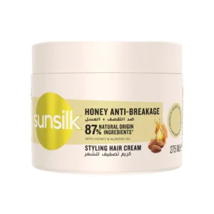 Sunsilk Honey Anti-Breakage styling cream in its new packaging, infused with honey and almond oil to repair and protect hair cuticles for less breakage.