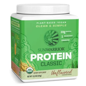 A bag of Sunwarrior Organic Rice Protein powder provides a pure, vegan protein source derived from sprouted brown rice, free of common allergens and easy to mix into shakes or smoothies.