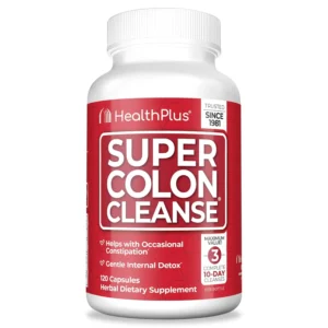 Health Plus Super Colon Cleanse capsules contain natural herbs and probiotics for gentle internal cleansing and occasional constipation relief, now with an improved formula of just two capsules per dose.