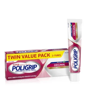 Two pack of Super Poligrip zinc-free denture adhesive cream providing a strong, 12-hour hold that helps to seal out food particles and prevent gum irritation.