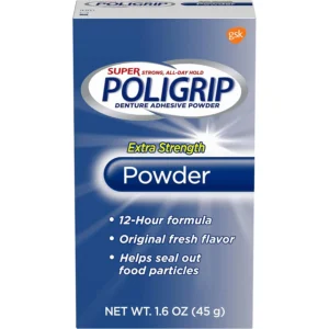 A pack of Super Poligrip denture adhesive powder that provides a strong, all-day hold for comfortable dentures and helps prevent food particles from getting trapped under them.
