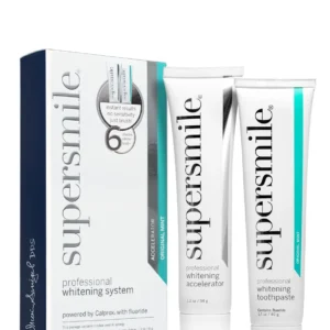 Supersmile Professional Whitening System whitens, remineralizes, and protects teeth and dental work without harsh abrasives, developed by Dr. Irwin Smigel and made in the USA.