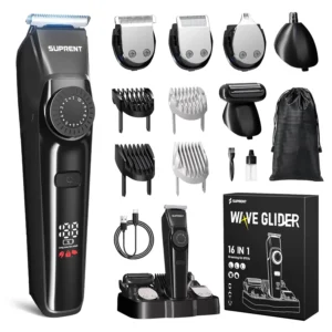 SUPRENT beard trimmer grooming kit for men, a waterproof cordless design with adjustable length settings for beard, face, nose, and body hair trimming.