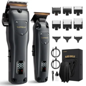 The SUPRENT hair clipper kit for men includes cordless clippers, a detail trimmer, guide combs, barber cape, lubricating oil, cleaning brush, storage bag, and USB charging cable, ideal for professional barbers and home use.