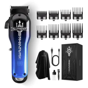The SUPRENT hair clipper set features a cordless design, type-C rechargeable functionality, and a powerful motor for effortless haircuts at home or in a professional barber setting.