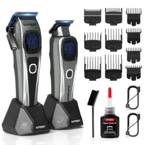 This professional SUPRENT barber clippers and zero-gapped trimmer set features a 10000 RPM motor, blue titanium-coated blades, magnetic guide combs, and a convenient charging stand.