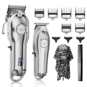 Silver SUPRENT cordless hair trimmer with multiple guide combs and LED display for professional hair cutting and beard grooming.
