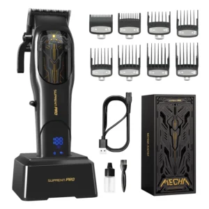 SUPRENT Pro hair clippers with a high torque brushless motor and DLC coated ceramic blade, ideal for barbers, and includes a charging base.