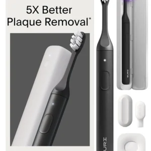 The SURI electric toothbrush in black comes with a UV-cleaning travel case and a pressure sensor for a gentler, smarter clean, promoting healthier gums and effective plaque removal.