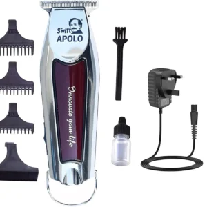 This cordless SWIFT hair trimmer for men features a powerful motor, titanium steel blades, and guide combs for precise haircuts, beard trimming, and body grooming.