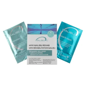 Malibu C Swimmers Hair Repair Kit removes chlorine, discoloration, and restores shine and moisture to dry, damaged hair.