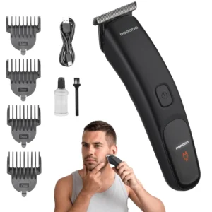 This compact black T-Blade trimmer offers a precise cut for face and hair, featuring cordless operation, an ergonomic grip, included combs, and cleaning accessories for home or travel use.