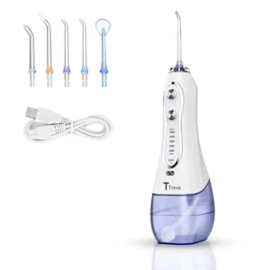 The T Trove water flosser provides a professional-grade clean with adjustable pressure, pulsating technology, and multiple tips for improved oral health, stain removal, and effective cleaning around braces and implants.