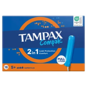 Individually wrapped Tampax Compak Super Plus tampons with a retractable plastic applicator offer discreet and comfortable protection with absorption channels and a protective skirt to prevent leaks for up to 8 hours.