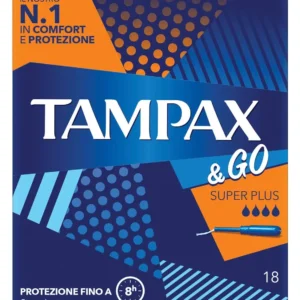 A pack of 18 Tampax &Go Super Plus tampons, designed for medium to abundant flow with a smooth plastic applicator, non-slip grip, and rounded tip for comfortable insertion.