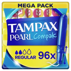 Tampax Pearl Compak regular absorbency tampons with MotionFit technology, LeakGuard Braid, a SmoothTouch applicator, anti-slip grip, and rounded tip, independently tested by Oeko-Tex, providing comfortable and reliable period protection.
