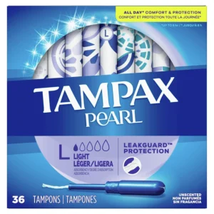 Thirty-six Tampax Pearl Lites unscented tampons provide all day comfort and protection for up to eight hours, as recommended by gynecologists.