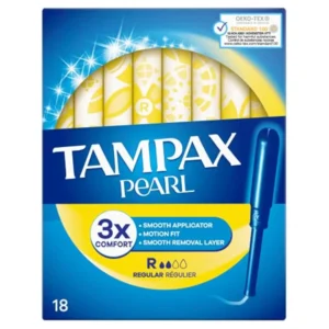 Tampax Pearl Regular tampons with a SmoothTouch applicator offer comfortable protection for light to medium flow days, featuring a LeakGuard braid and MotionFit technology to prevent leaks.