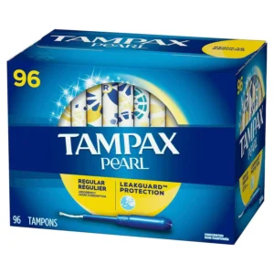 This is a box of Tampax Pearl regular absorbency unscented tampons featuring the LeakGuard Braid for up to 8 hours of overnight protection, a smooth plastic applicator with anti-slip grip, and a quiet wrapper.
